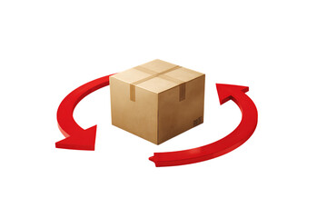 Circular arrows around a cardboard box symbolize returns, exchanges, or refunds.