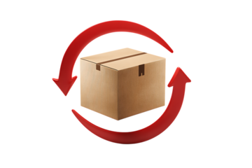 Return, exchange, or recycle concept.  Cardboard box with circular arrows.