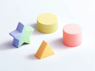 Pastel-colored geometric shapes arranged on a light background.  Four simple shapes?a star, cylinder, cylinder, and triangle?in soft, pastel shades of yellow, pink, and purple.
