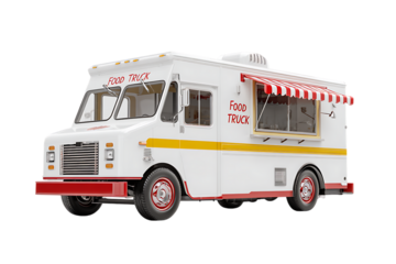 Retro style food truck, white with red and yellow accents.