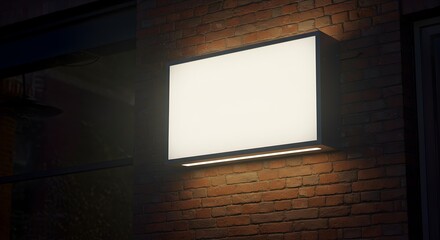 Illuminated Blank Horizontal Shop Sign Mockup on Brick Wall at Night