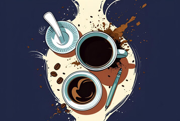 Abstract top-down illustration of coffee cups and splashes