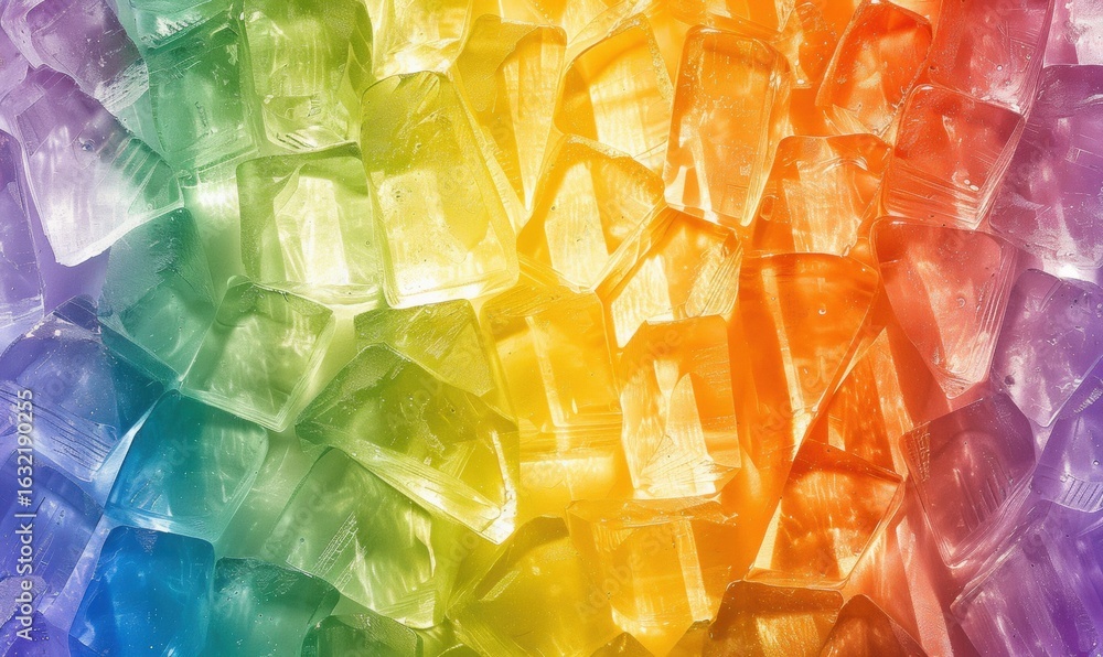 Poster macro view of rainbow colored ice cubes for abstract colorful background