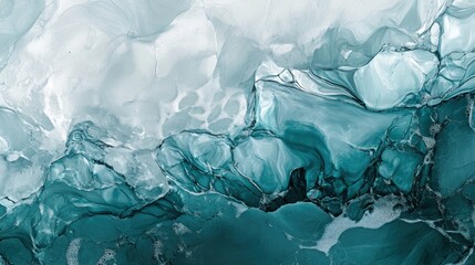 Fototapeta premium Abstract teal and white ink painting, fluid art, swirling texture.