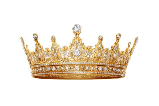 Ornate gold crown, studded with glittering diamonds, sits majestically against a black background.  Detailed filigree work adorns the crown's band and arches.  A large central diamond accents the top