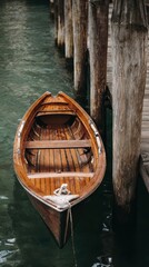 Obraz premium Wooden rowboat moored at a lakeside dock.