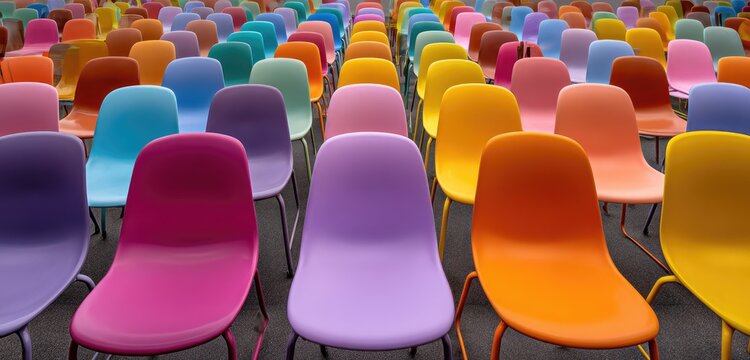 Colorful plastic chairs in rows - Powered by Adobe