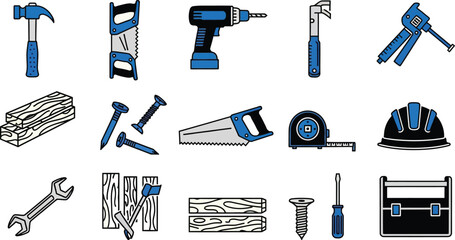 Illustration of assorted tools including a hammer saw drill and safety helmet on a light background