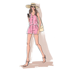 Fashion illustration of a trendy young woman wearing a pink vest and matching shorts, accessorized with a straw hat, heels, and sunglasses. Perfect for summer, vacation, or resort-themed designs.
