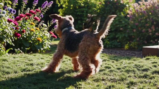 Playful dog in a garden, captured from a low angle, highlighting vibrant flowers and sunlight. Ideal for a cheerful pet video theme.