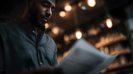 Coffee shop owner reviewing daily sales report in dimly lit cafe