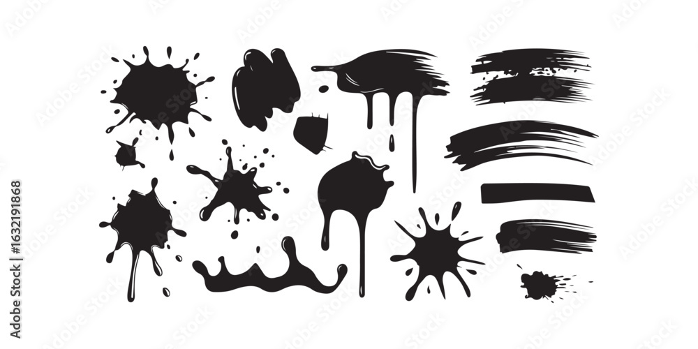 Poster collection of black ink splatters and brush strokes on a white background in vector format