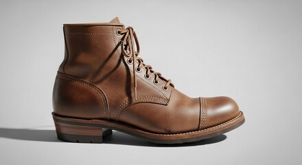 Leather boot with laces, detailed stitching, and layered heel on a neutral background