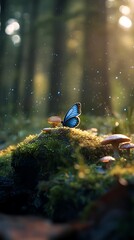 Magical Blue Butterfly on Glowing Mushrooms in Enchanted Forest – Fantasy Nature Scene