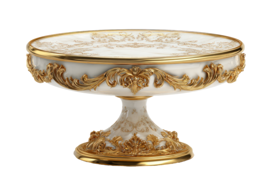Ornate, decorative, white and gold, footed dish.  A round, shallow dish, supported by a substantial footed base.  The dish and base are adorned with elaborate, gilded,  decorative scrolls and patterns