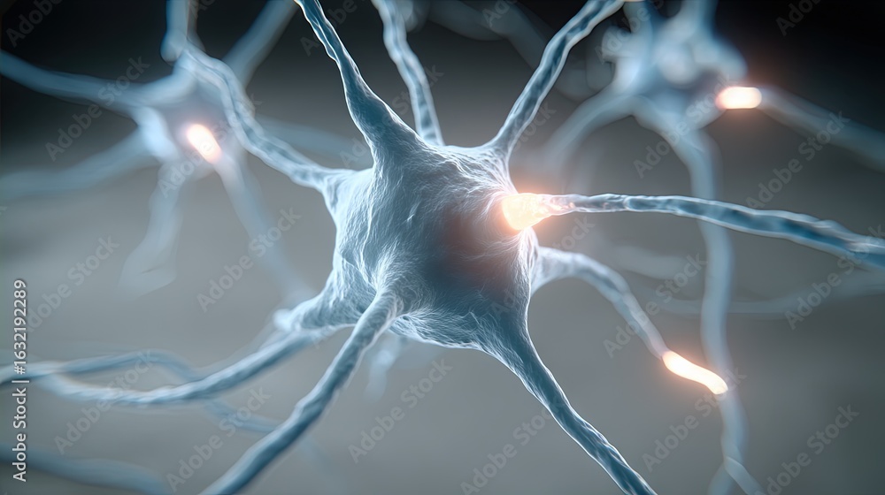 Poster glowing active neuron cells with illuminated synaptic connections in a detailed biological network, 