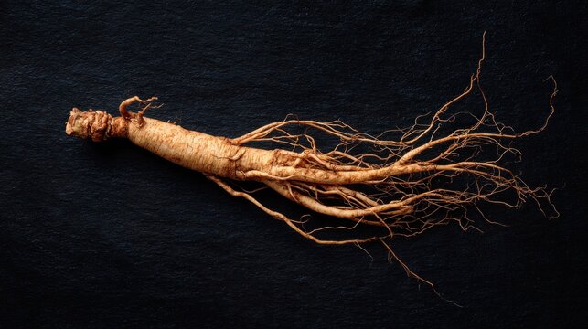 Dried ginseng root on dark stone