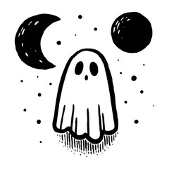 Hand Drawn Doodle Halloween Ghost and Moon Vector Illustration, Cute Spooky Line Art for Halloween Decor, Stickers, and Invitations