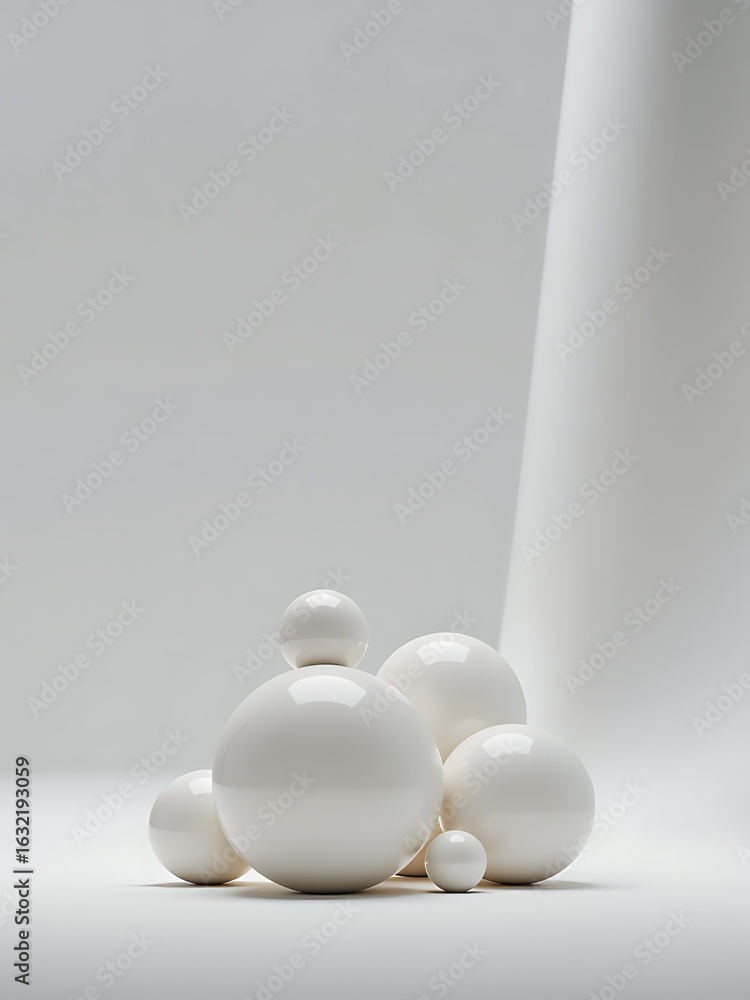 Poster cluster large white glossy spheres sit atop vast expanse soft grey background gentle diffused light 