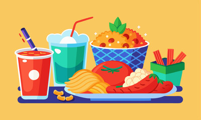 Download Fried Rice With Chili Chicken, Cold Drink, Pasta Vector Illustration Eps File For Design.