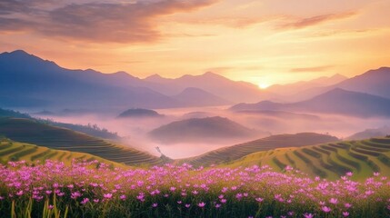 Beautiful panoramic landscape of a terrace fields with foreground is small colorful spring flowers and background is mountains in fog. North Vietnam at the amazing sunset