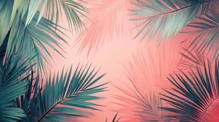 Obraz premium Teal palm leaves on coral background.