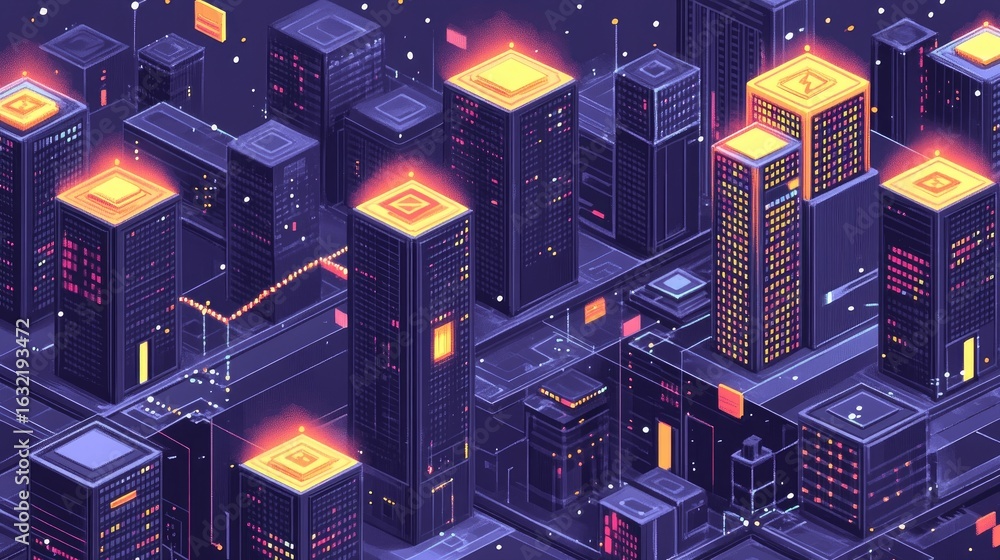 Poster isometric cyber cityscape with luminous rooftops and data streams
