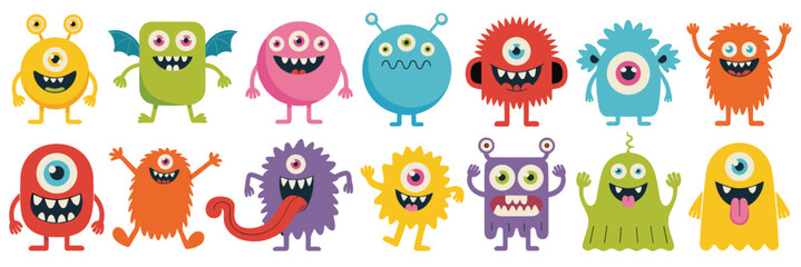 Cartoon monster collection, colorful characters, cute creatures, whimsical expressions, fantasy illustration, fun kids artwork