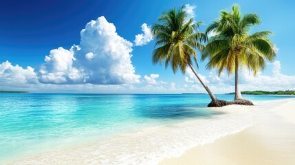 Two Leaning Palm Trees on a Secluded White Sand Beach with Vibrant Turquoise Water