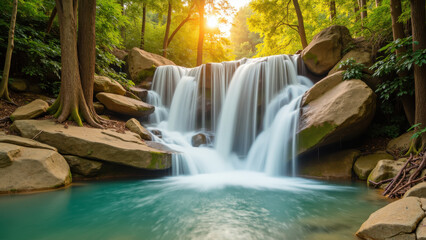 Serene waterfall cascades over smooth rocks, surrounded by lush greenery and illuminated by warm sunlight. tranquil scene evokes sense of peace