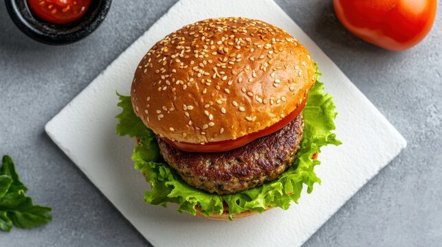 Delicious homemade burger with lettuce and tomato on sesame bun National Soy Foods Month - Powered by Adobe