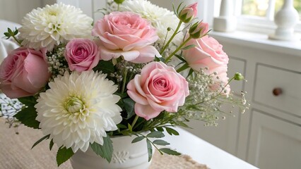 Obraz premium Elegant Pink and White Rose and Dahlia Bouquet in Vase, Soft Light, Romantic Mood