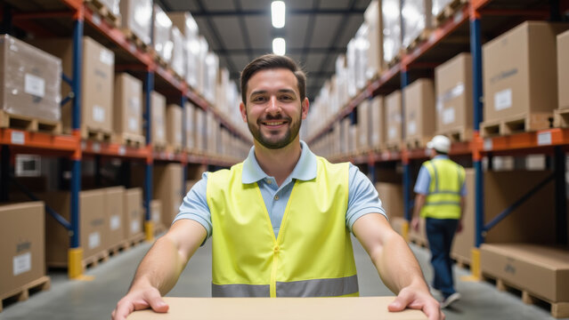 Efficient warehouse worker smiling while holding box in storage facility. Bright lighting and organized shelves create productive atmosphere