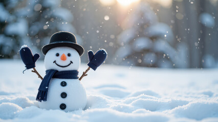 Cheerful snowman with black hat and blue scarf stands in snowy landscape, surrounded by falling snowflakes, evoking joyful winter scene