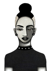 Stylized digital portrait of a confident woman with top bun hairstyle, earrings and black shirt, minimalistic aesthetic, isolated PNG character without background for contemporary modern art, design