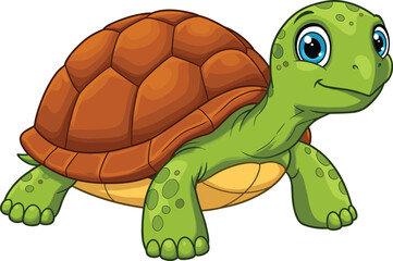 Cartoon turtle illustration, cute animal character, green shell, smiling expression, vector clipart for design projects