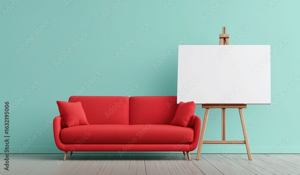 Poster red sofa and easel with blank canvas against light blue wall background as mockup template for artwo