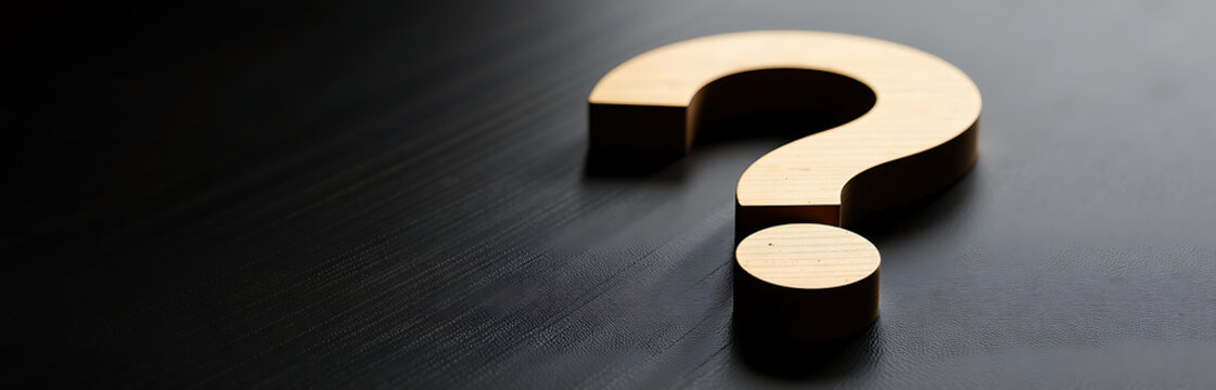 shot wooden question mark puzzle partially solved dark polished wood surface soft focus highlighting intricate