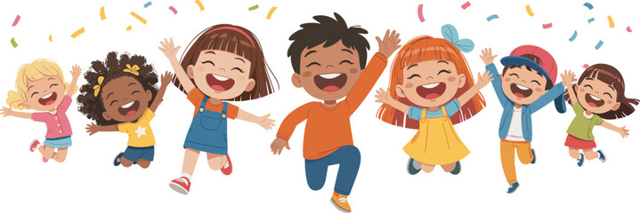 Jumping children celebration, happy kids with confetti, colorful party scene, festive joy, cartoon excitement illustration