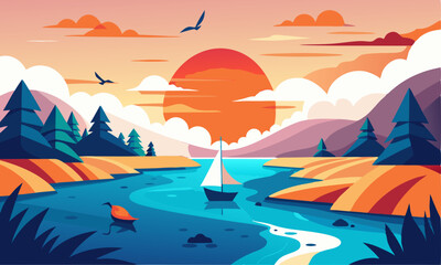 Download Sunrise View In The River, Birds Flying, Boats Sailing , Vector Art Illustration Eps File For Design.