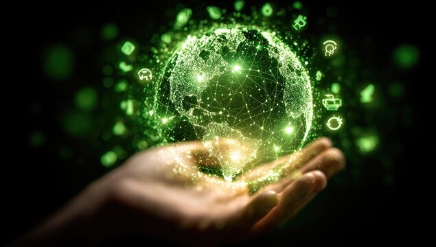 Green glowing Earth, digital network, held in hand - Powered by Adobe
