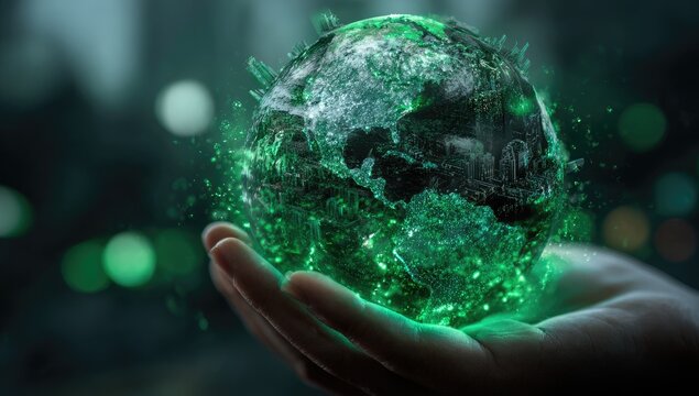 Hand holds glowing, digital Earth