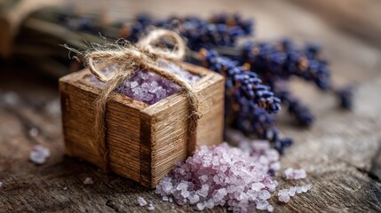 Fototapeta premium Lavender Infused Salt Packaged in Eco-Friendly Pouch Placed on Rustic Wooden Block for Natural Aromatherapy and Culinary Enhancements