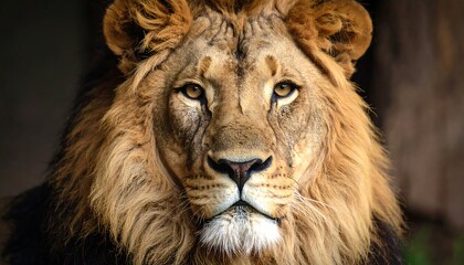 Fototapeta premium Captivating portrait of a majestic male lion, highlighting its powerful gaze and intricate fur