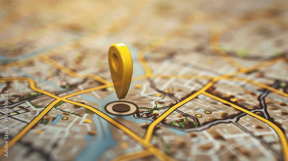 Poster exploring city maps with pins for location tracking and navigation tips