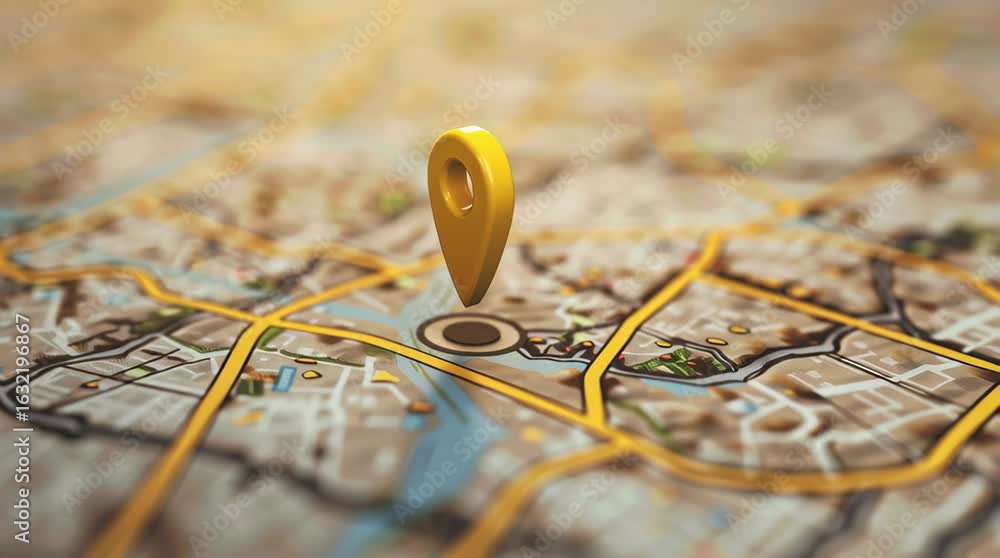 Poster explore navigation technology with a close-up of a map and location pin emphasizing urban exploratio