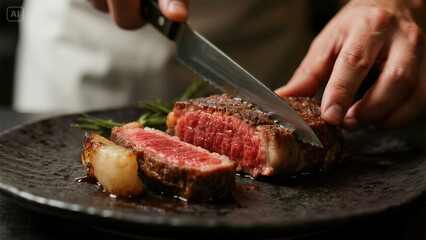 Chef slicing a gourmet rare beef steak in a fine dining restaurant. Extreme close-up on a juicy, perfectly cooked fillet being prepared on a dark plate with dramatic lighting