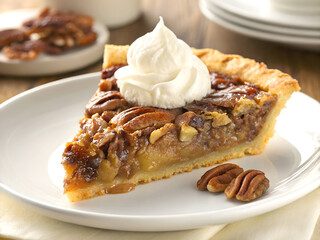 Delicious Texas Pecan Pie Slice with Whipped Cream