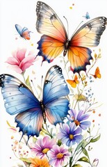 A illustration watercolor painting two brilliant butterflies with vibrant color wings is flying around the colorful flowers on the very large space white background