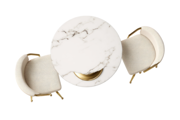 Overhead view of a round marble dining table with two chairs.  Cream-colored upholstery, gold accents, minimalist design